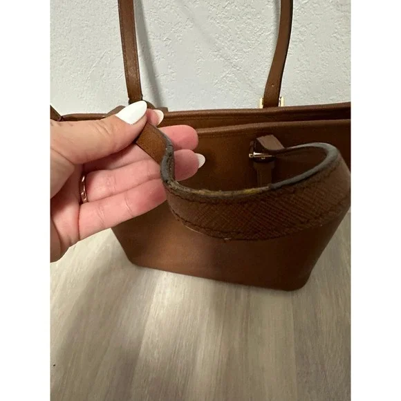 Michael Kors Brown Leather Tote Bag Gold‎ Tone MK Logo - Picture 10 of 11